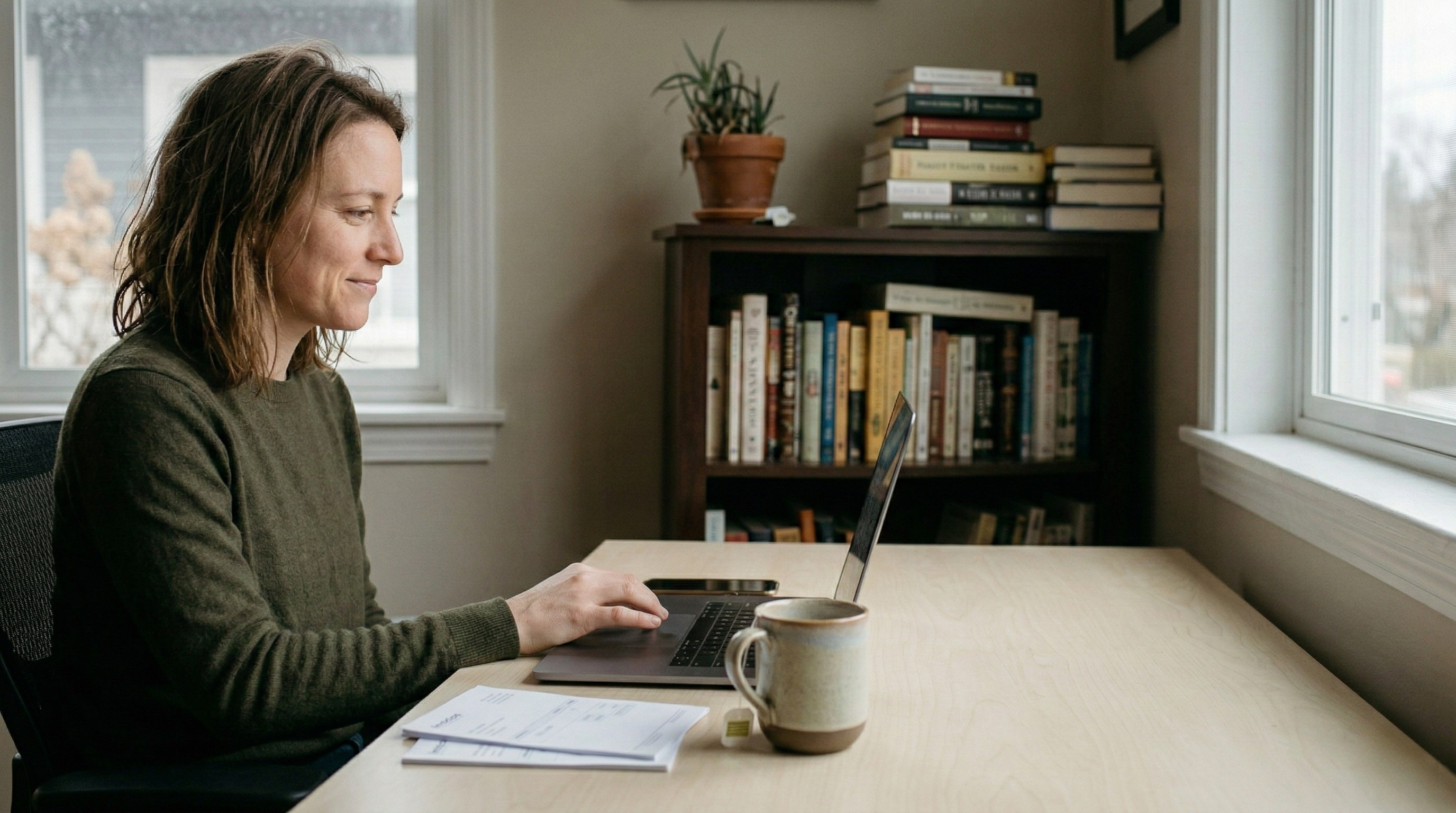 Business owner comfortably working at her desk